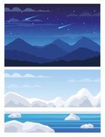 Hermoso paisaje nocturno y escenas nevadas. vector