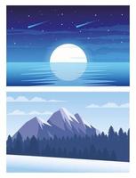 hermosos paisajes con montañas y escenas de amanecer de luna de mar vector