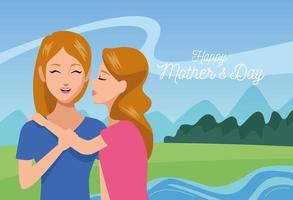 feliz día de la madre personaje con hija en el campo vector