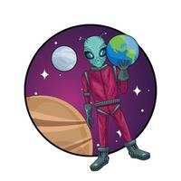 alien lifting earth planet in the space character vector