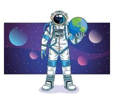 astronaut lifting earth planet in the space character vector