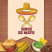 celebración del cinco de mayo con comida mexicana y sombrero vector