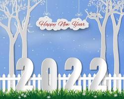 Happy new year 2022 on paper art winter landscape vector