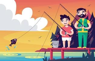 Father and Son Enjoying a Summer Fishing Day vector