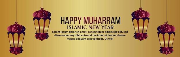 Happy muharram celebration banner with creative lantern vector