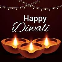 Realistic happy diwali celebration greeting card with diwali diya vector