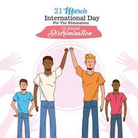 stop racism international day poster with interracial men characters vector