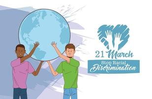 stop racism international day poster with interracial men lifting earth planet vector