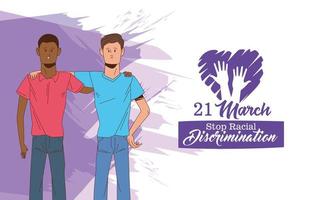 stop racism international day poster with interracial men characters vector