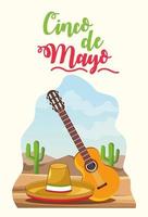 celebración del cinco de mayo con guitarra y sombrero escena del desierto vector