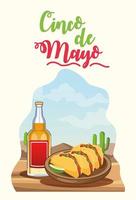 Celebración del cinco de mayo con escena del desierto de tequila y quesadillas vector