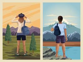 beautiful landscape with travelers couple scene vector