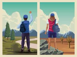 beautiful landscape with travelers couple scene vector