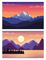 hermosos paisajes con montañas y escenas lacustres vector