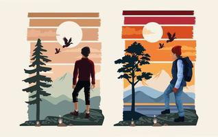 hermoso paisaje con hombres viajeros escena vector