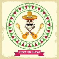 cinco de mayo celebration with skull and instruments circular frame vector