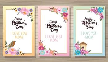 happy mothers day card with bird and housebird floral frame vector