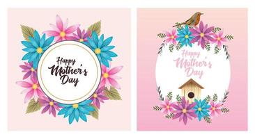 happy mothers day card with bird and housebird floral frame vector