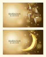 ramadan kareem celebration with lanterns hanging and moon vector