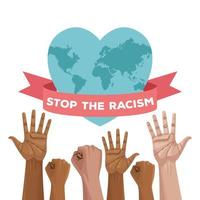 stop racism international day poster with hands and heart planet vector