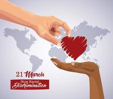 Detener el racismo cartel del día internacional con la mano dando corazón vector