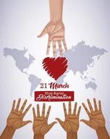 stop racism international day poster with hands and heart planet vector