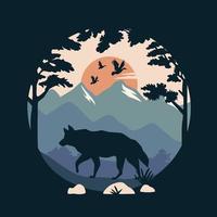 beautiful landscape with birds and wolf scene vector
