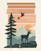 hermoso paisaje con escena de renos y aves vector