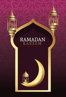 ramadan kareem celebration with golden moon and lantern vector