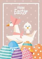 happy easter card with ducks family and eggs painted vector