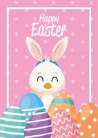 happy easter card with little duck and ears rabbit vector