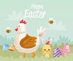 tarjeta de pascua feliz con familia de pollo vector