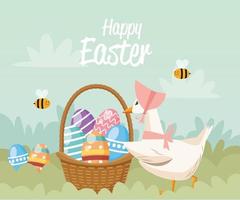 happy easter card with duck and eggs painted in basket vector