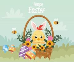 happy easter card with little chick and ears rabbit in basket vector