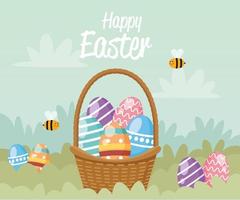 happy easter card with eggs painted in basket vector