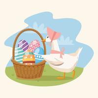 Tarjeta de feliz pascua con pato y huevos pintados en canasta vector