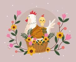 Tarjeta de Pascua feliz con familia de pollo y flores en la canasta vector