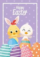 happy easter card with little chick and duck vector