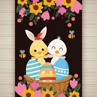 tarjeta de pascua feliz con pollito y pato vector