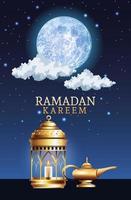 ramadan kareem celebration with lanterns and magic lamp vector