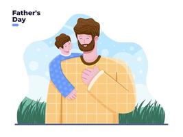 Happy Fathers Day Greeting Cartoon. Father and son hugging warmly and lovingly. Suitable for greeting card banner poster invitation postcard etc vector