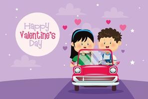 cute little kids couple in cart valentines day card vector