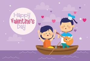 cute little kids couple in canoe valentines day card vector