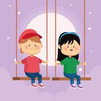 cute little kids couple in swing characters vector