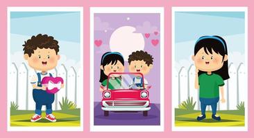 cute little kids couples group characters vector