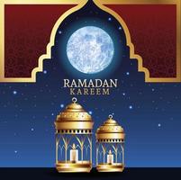 ramadan kareem celebration with lanterns and moon vector