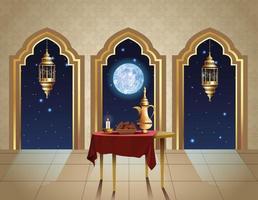 ramadan kareem celebration with teapot in table vector