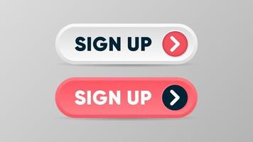 Sign up buttons in 3d style with arrow sign Red and white buttons to follow and subscribe to news or service Vector illustration