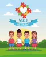 world autism day kids with heart puzzle in landscape vector