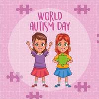 día mundial del autismo niñas con piezas de rompecabezas vector
